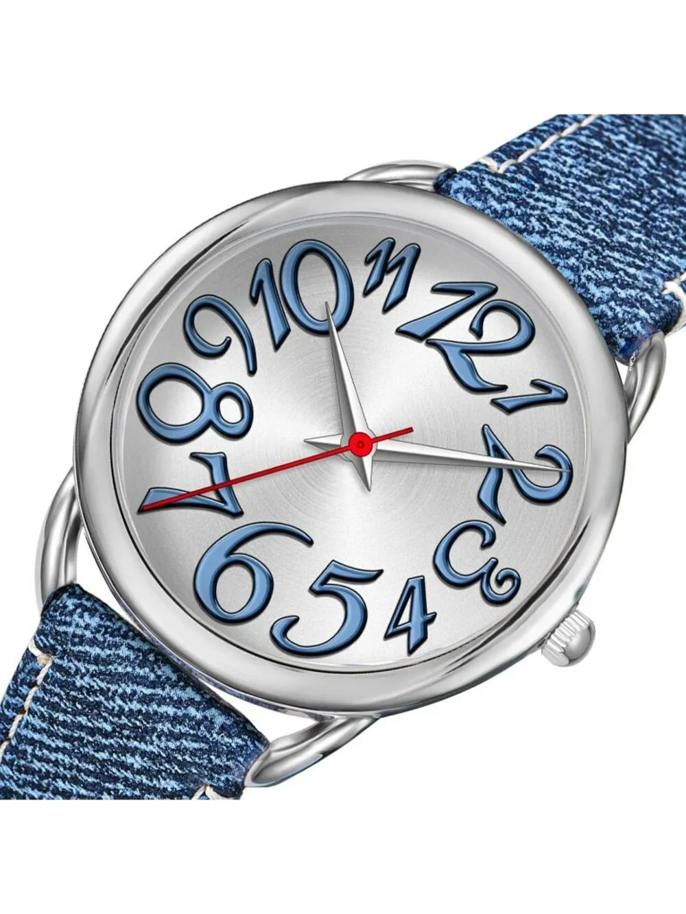 Women's Blue Big Arabic Numbers Dial Easy to Read Denim Leather Strap Watches